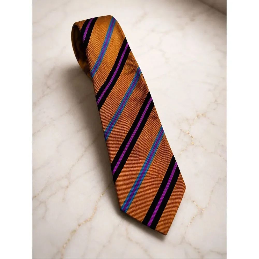 Bijan Silk Repp Stripe Tie Gold Orange Purple Blue Luxury Designer Necktie Made